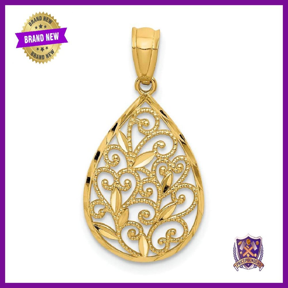 Solid 14k Gold Small Teardrop Pendant Filigree Textured Jewelry